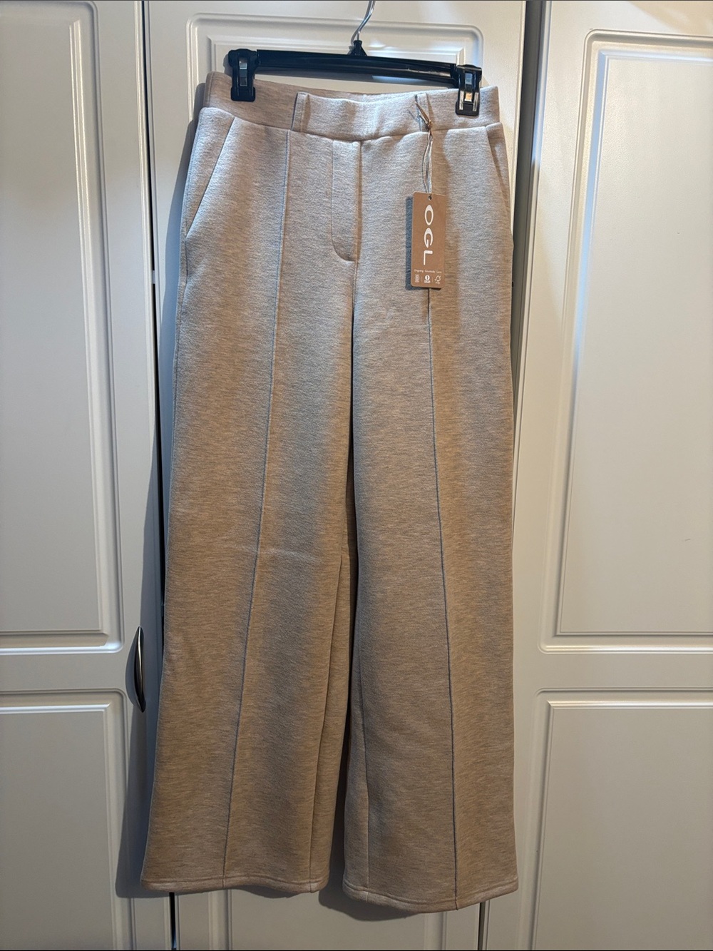 OGL SET.  Top & matching Wide-Leg Pull-On Pants in Light Taupe.